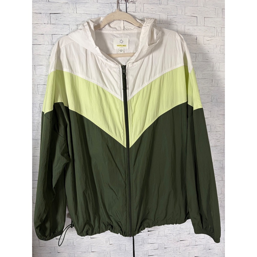OFFLINE by Aerie Womens Colorblock Chevron Hooded Windbreaker Jacket Green